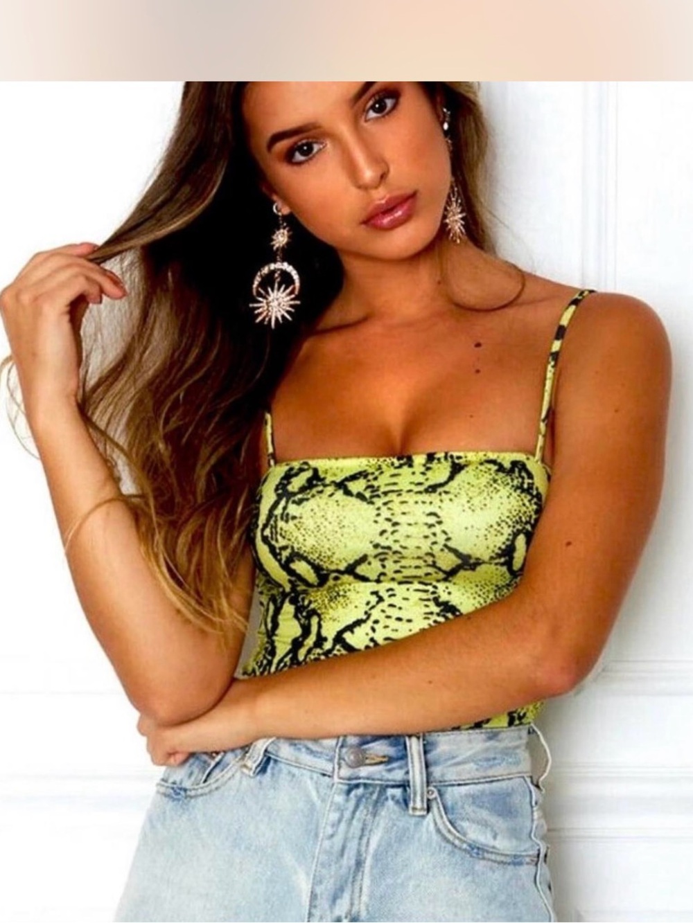Wild fox Neon Green Snake Print Cami Tank Top bodysuit